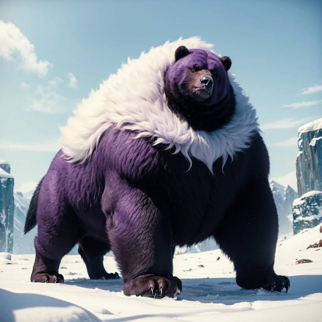 Big Animaly, has purple stripes on his skin, (has long fangs), his body is shaped like a big Bears but his face is like a penguin, Grassroots, Ice background 