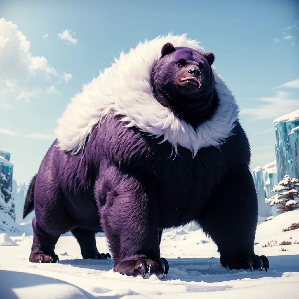 Big Animaly, has purple stripes on his skin, (has long fangs), his body is shaped like a big Bears but his face is like a penguin, Grassroots, Ice background 