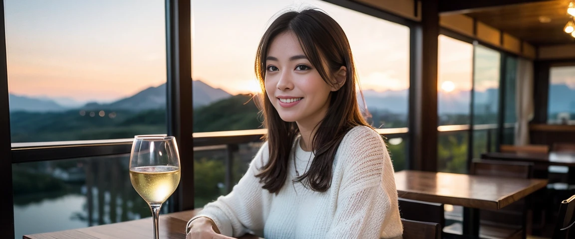 (Contains k, Hmph, highest quality, Tabletop: 1.2), (Realistic, photoRealistic: 1.37), Amazing view of the sunset sky and clouds、Amazing mountain views、Long sleeve shirt、Winter Fashion、Columbia、Brazilian、Japanese、Dutch、German、Portuguese、Belgian、Italian、French,Champagne、sparkling wine、 (slimフェイス), (slimボティ), (Brown Hair), (shortcut), Pure beauty、cheeks turn a little red, (42 years old), 44 years old, alone, 窓の外には美しく緻密なnight景が広がります., restaurant, wine glassが座っている, nightに, In a prominent place (from the Upper Body) Nova Frog Style, actress, model, Upper Body, White wine, slim, wine glass, Super Clean night View, wine glass Put in the Middle, Happy smile, (smile: 1.15), Beautiful and detailed, Upper Body, Destroy Japan, night, short, short, actress, model, Upper Body, White wine, slim, wine glass, Super Clean night View, wine glass Put in the Middle, Happy smile,
