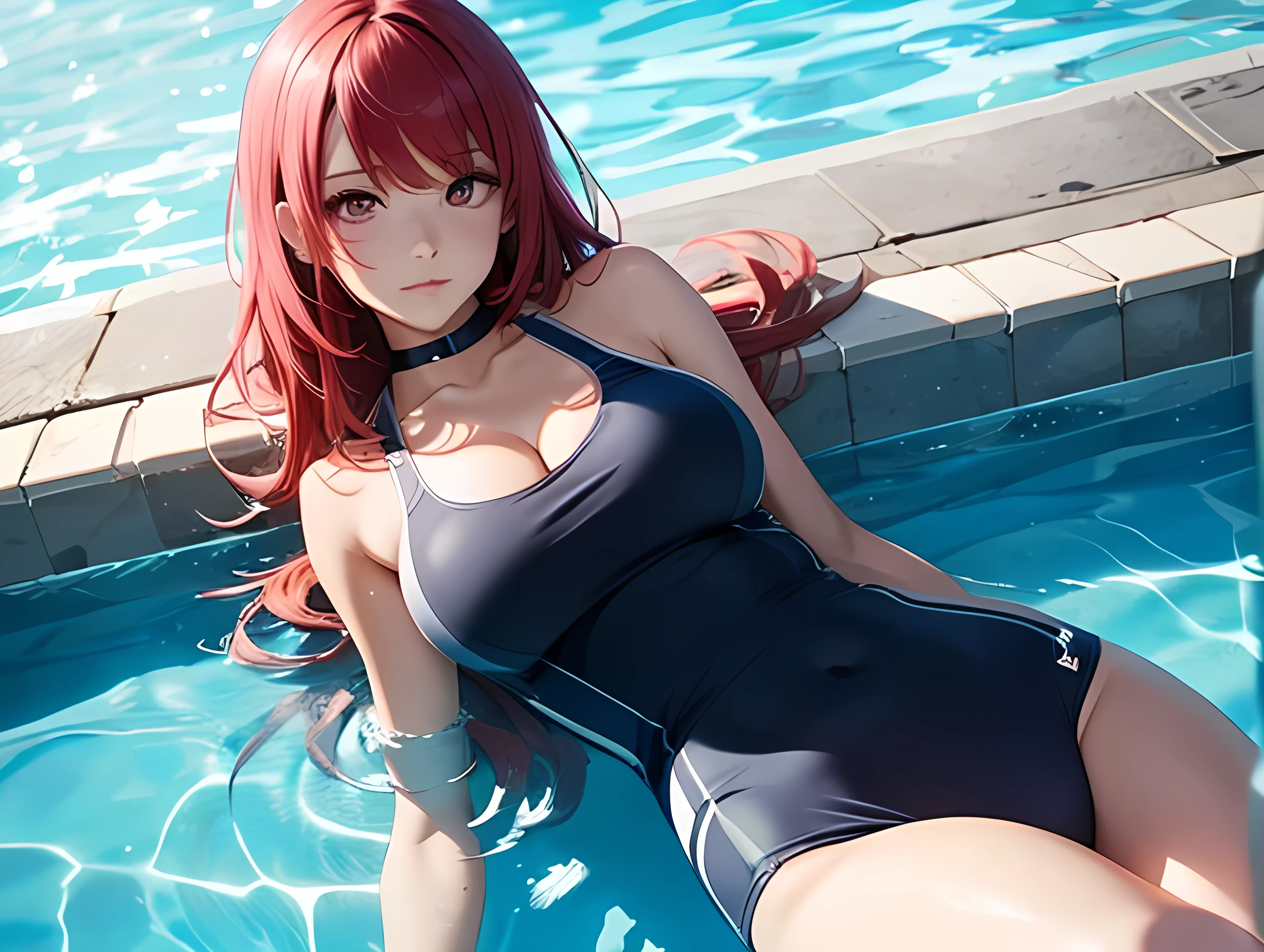 beautiful young woman, anime style, detailed face, red hair, hair down, large eyes, pink eyes, delicate features, soft lighting, wearing a choker, wearing a school swimsuit, by the pool, water reflections, relaxed posture, sunny day, detailed background, Japanese anime style, hand-drawn, high quality, highly detailed, 8k resolution, cinematic lighting, best quality, vibrant colors, showing cleavage, close-up view