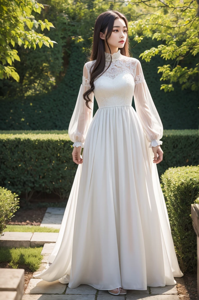 Woman with delicate features wearing a long dress with long sleeves in a garden