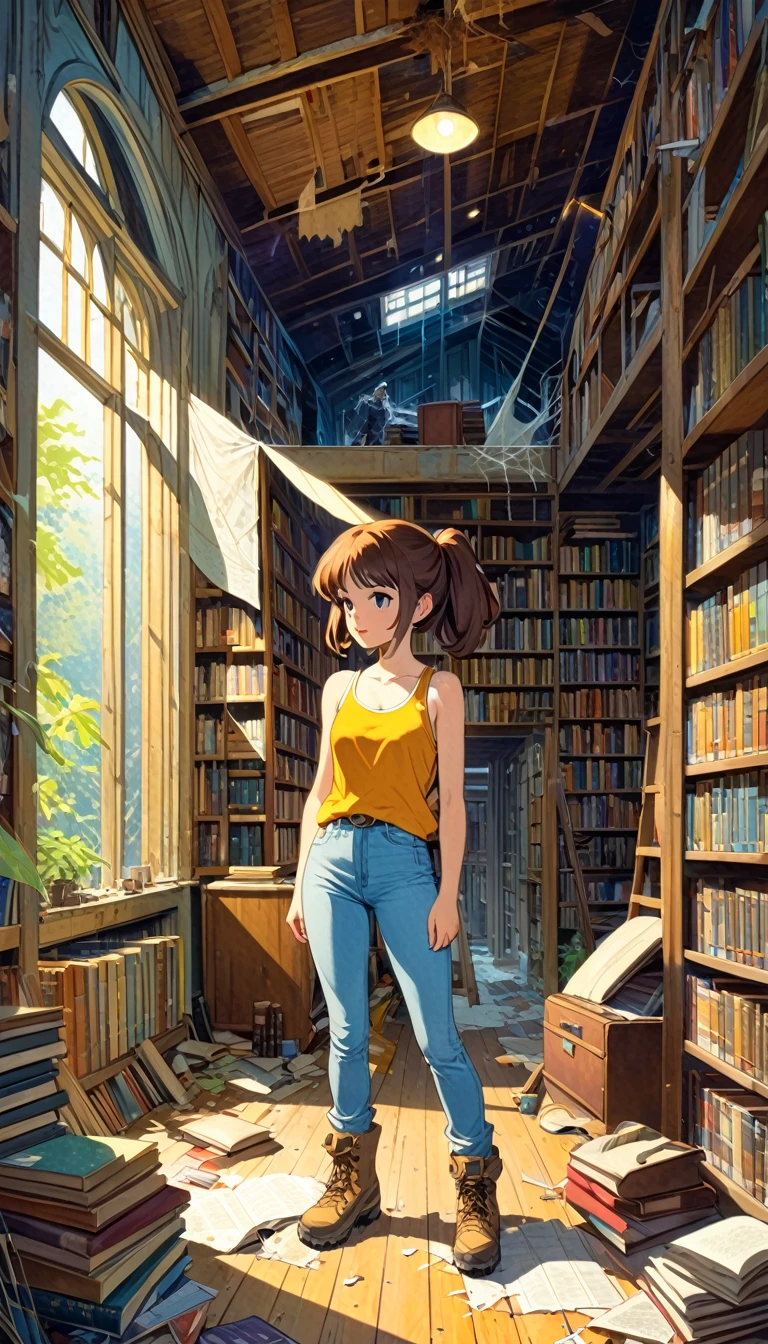 great view of an abandoned library, in it a pretty girl, explorer, exploring a large library room in an abandoned house, jeans and tank top, hiking boots, all old and full of dust and cobwebs, 80s, large library , lots of details (art inspired by Bill Sienkiewicz, colors by Ghibli). oil painting)