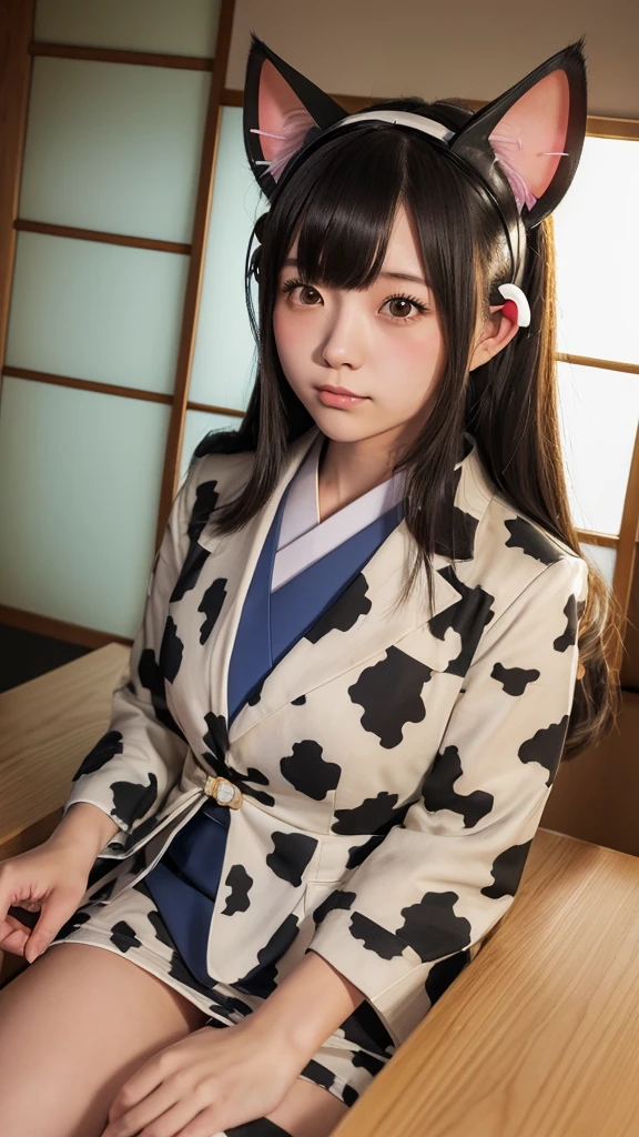 high school girl, (Japanese idle:1.6), (cow pattern office suit:1.3), (Cat ears:1.3), (monster Big cat:1.3), sundown seashore,