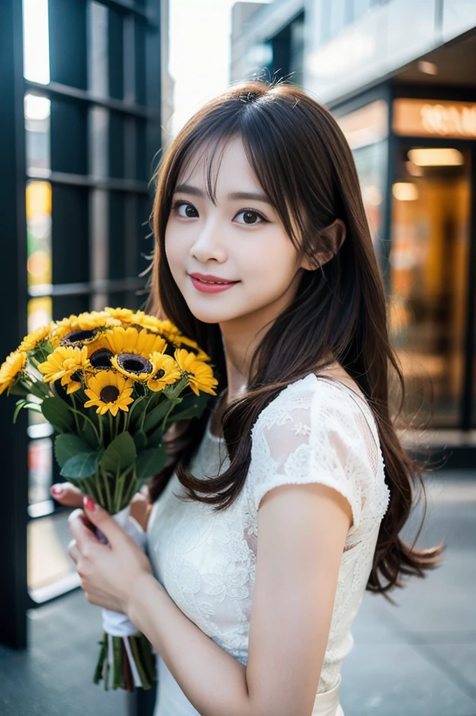 (8k, RAW Photos, highest quality、masterpiece:1.2), (Realistic、Realistic:1.37), Very detailed, High resolution, 1 girl, Laughter, View your viewers, dress, Beautifully detailed face、(Holding a bouquet:1.3),Beautiful and detailed skin、Skin Texture、Floating Hair、Professional Lighting, noon