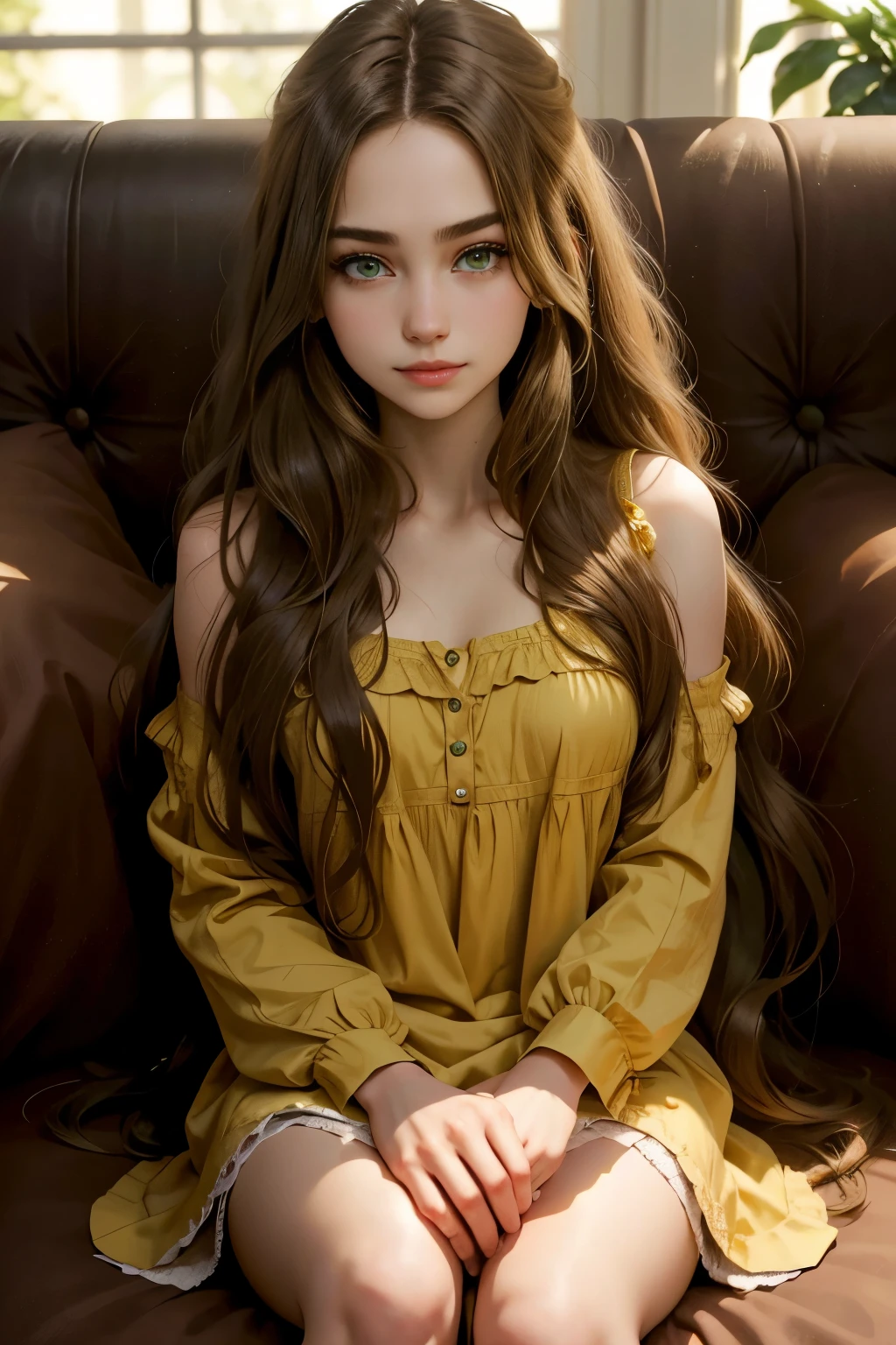 18 years , brown , long hair , green eyes, 1 Girl , elegant , beautiful , slim , , smirk , couch , front , ambient light , Sundress