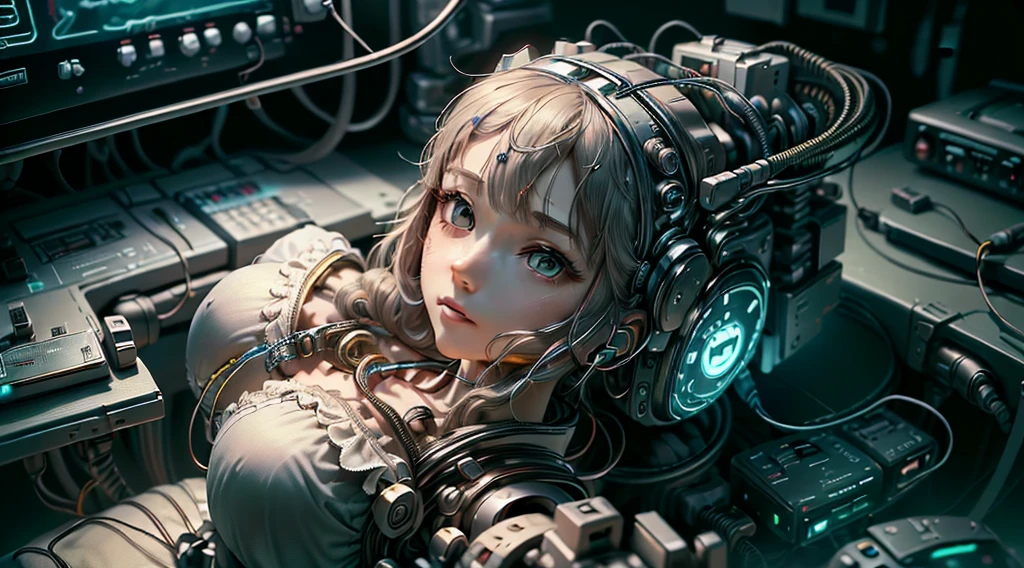 (((masterpiece))), (((best quality))), ((Extremely detailed)), (Highly detailed CG illustrations), ((Extremely delicate and beautiful)),(Cute and delicate face),light,((1机械女孩)),Solitary,Huge breasts, Cleavage exposed,whole body,(machine made joints:1.4),((Mechanical limbs)),(Blood vessels connected to the tubes),((A mechanical vertebrae attached to the back)),((Mechanical cervical fixation)),((sit)),Poker face,(Wires and cables connected to the head and body:1.5),(character focus),Science fiction