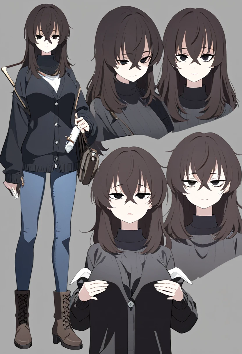 One Woman,Downer,older sister,Concept Art,Dark brown hair,Straight hair with slight inward curls,Staring eyes,Eye Ridge,black eye,Crossed bangs,whole body,smile,Larger breasts,Gray background,Bangs that reach down to the eyes,Messy hair,Tight dark jeans,Brown turtleneck sweater,Multiple views of the same character,Character Design,Dark circles under the eyes,Bad look,Listless,Sloppy,accessories,Cafe staff,Holding a cigarette,whole bodyCharacter Design,Detailed hands,Height: 170cm,boots,Black Cardigan,
