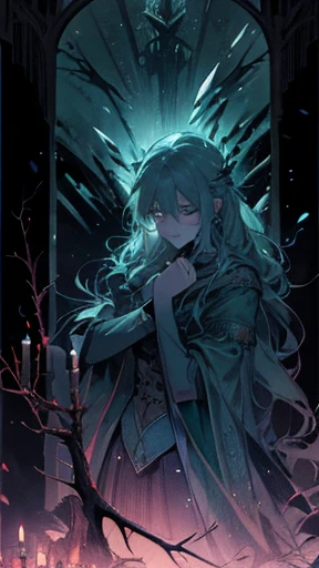 Valkyrie, dim light, green light, many candles, haunting, red wings, mysterious, bioluminescent overlay, briar, thorns, sadness, lost a battle