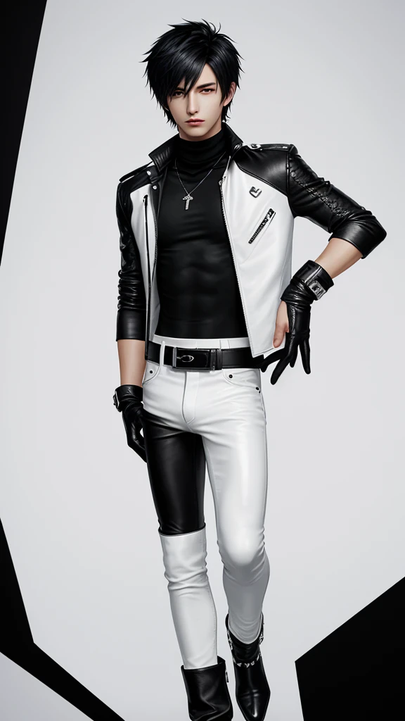 Final fantasy taste and reality graphics, Japanese young cute and cool ikemen  boy, his age is early 20s, thin eyebrows and beady eyes,  he wearing off white color leather thick singlebrest biker jacket, with epaulet,  jacket zipped up, jacket is biker style, , jacket collar is high length stand-up collar with belts, jacket is a little black line pattern, also wearing black thick turtleneck lackluster shirts,  tight black leather pants, shiny black leather tight and thin glove, black leather knee-high raceup boots,views  head-to-toe,views whole body, boy looks like fashion model,Do not show skin from the neck down,leather jacket leather glove and leather pants have few wrinkles,boy in the room,