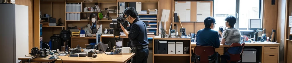 ・There are a large number of cameras and lenses lined up on the shelves. ・At a workbench in the back of the office, a Japanese man and woman are photographing with cameras and lenses.
