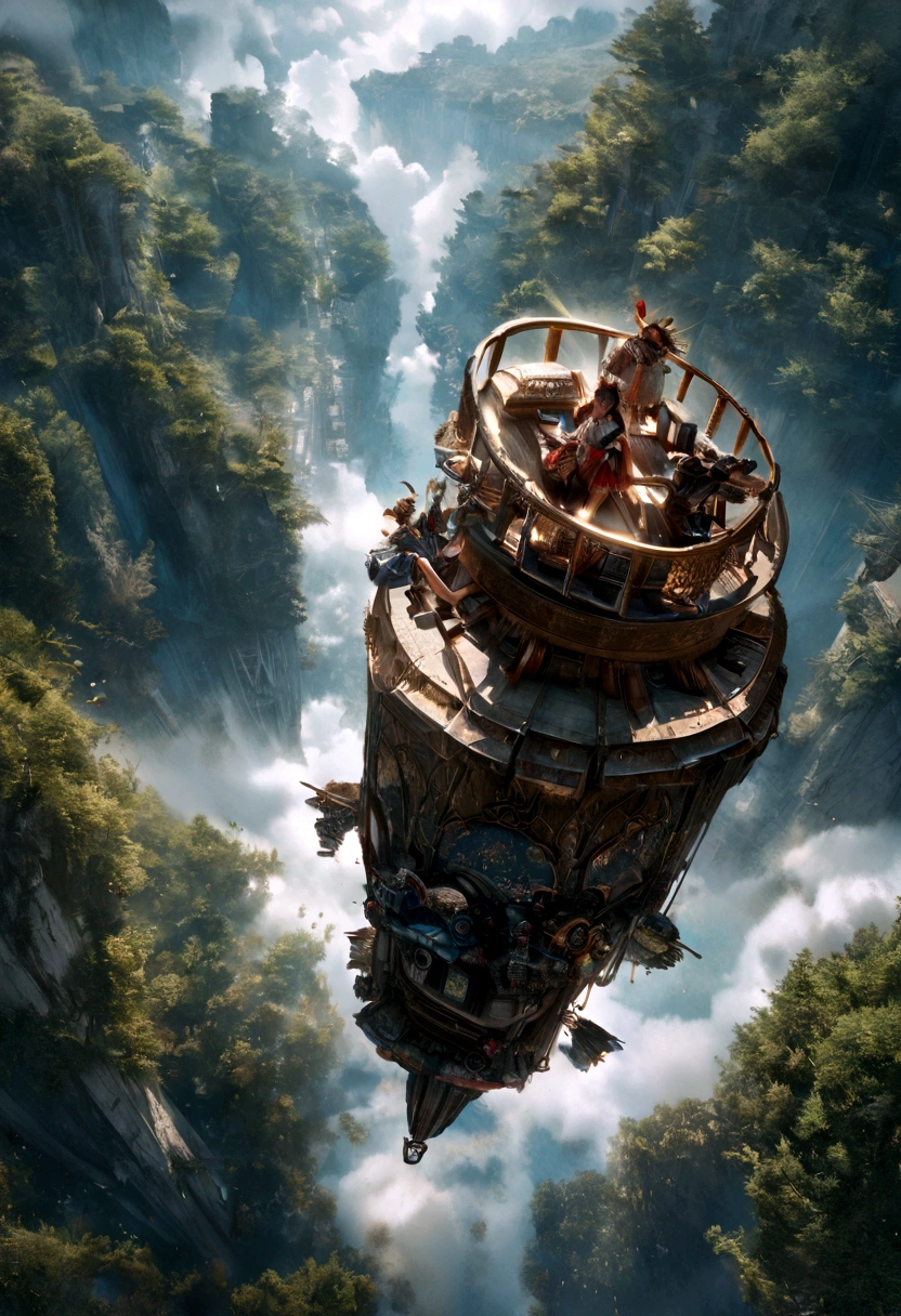 A fashionable Asian Chinese girl, 3 people riding a flying vehicle through the sky, passing through clouds, flying to a shopping mall, shining spotlights in the forest, aerial view, all wearing fashionable clothes, detailed facial features, hyper realistic, 8k, photorealistic, cinematic lighting, vibrant colors, dynamic composition;16:9