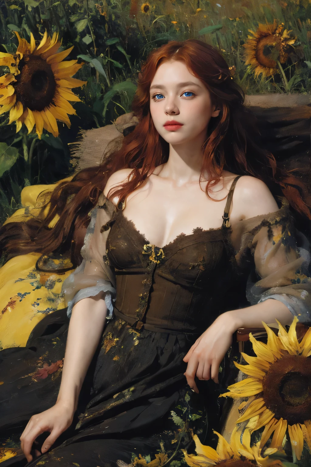 (oil painting:1.5),
\\
a woman with (long red wavy hair), ((blue eyes)) and sunflowers in her hair is laying down in a field of sunflowers, (amy sol:0.248), (stanley artgerm lau:0.106), (a detailed painting:0.353), (gothic art:0.106)