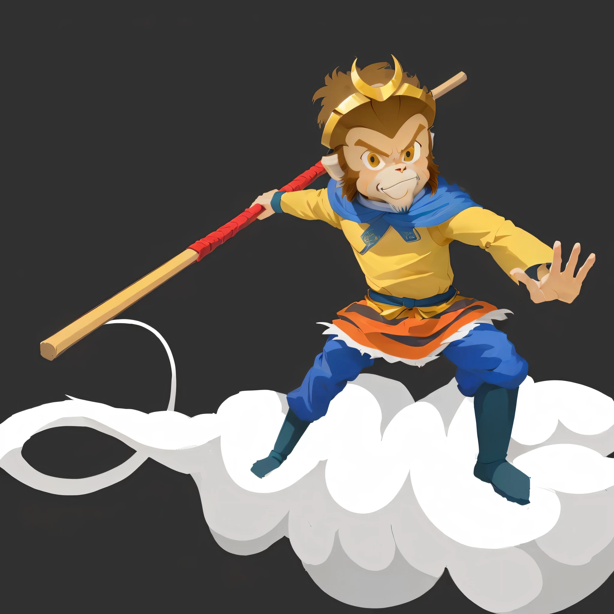 A person in costume、Cartoon illustration of a man standing on a cloud holding a stick, sun Wukong, Sun Wukong, Wukong, Journey to the West, Smart monkey with long knife, Journey to the West. Pop Art, Humanoid monkey fantasy race, Akira in Chinese mythology, Ashura,From Chinese mythology, Inspired by Hu Zaobin