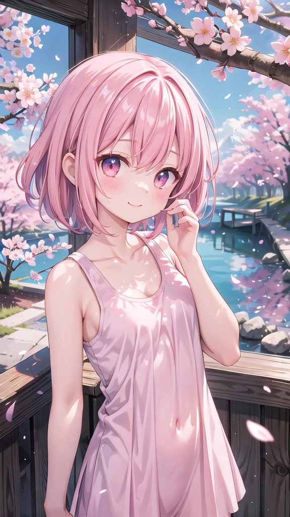 (masterpiece), Going out, cherry blossoms, Outdoor, One girl, Tank top, Medium Hair, Pink Hair, smile, Medium chest, Particles of light, Speckled sunlight