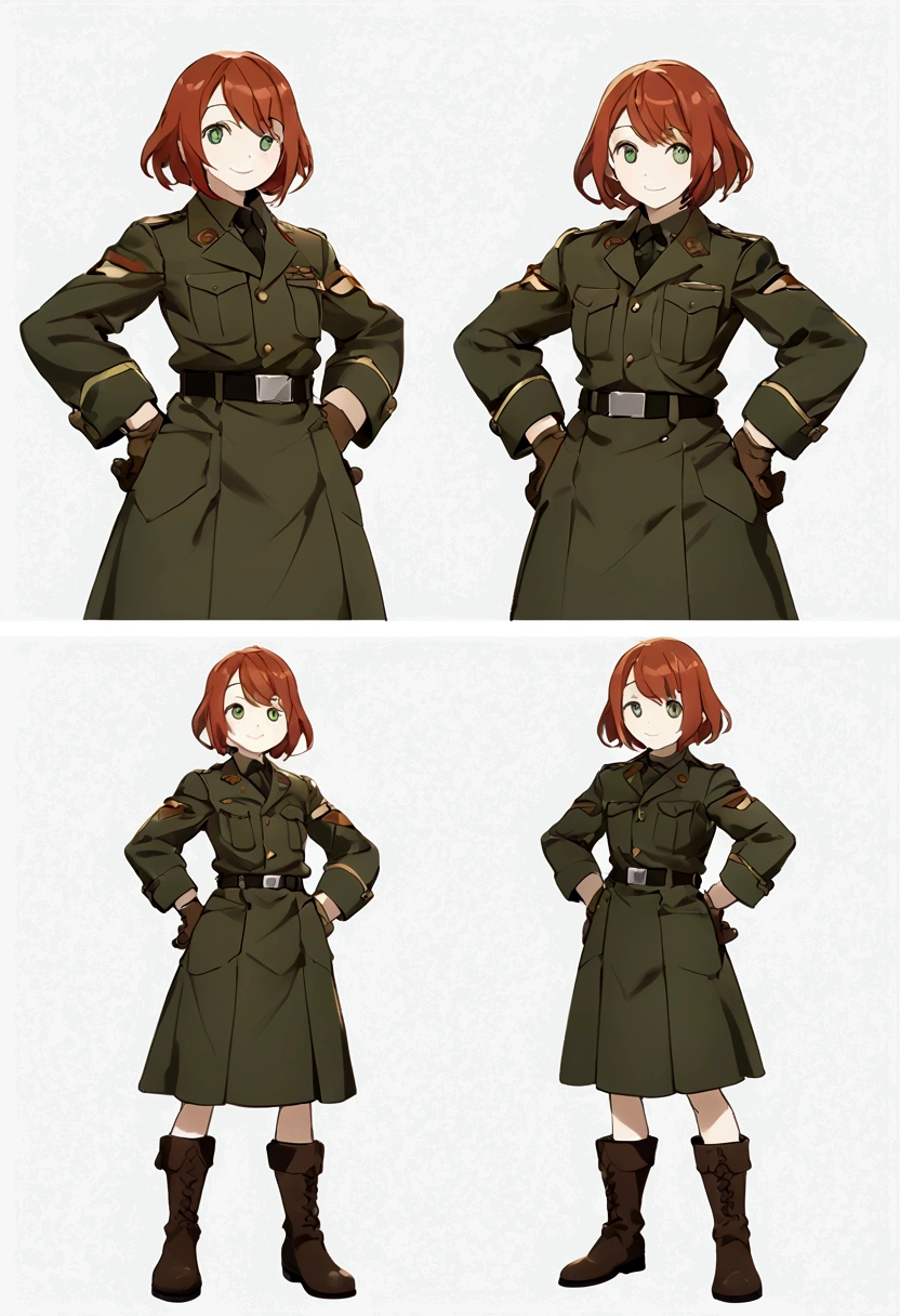 Fraction_9, Fraction_8_up, Fraction_7_up,BREAK Concept Art,1 Girl, Gloves, boots, short hair, uniform, knee boots, Green Eyes, brown hair, belt, multiple views, Red hair, Smile, Reference table, Gray background, army uniform, army, coat, Hands on Hips, Simple background