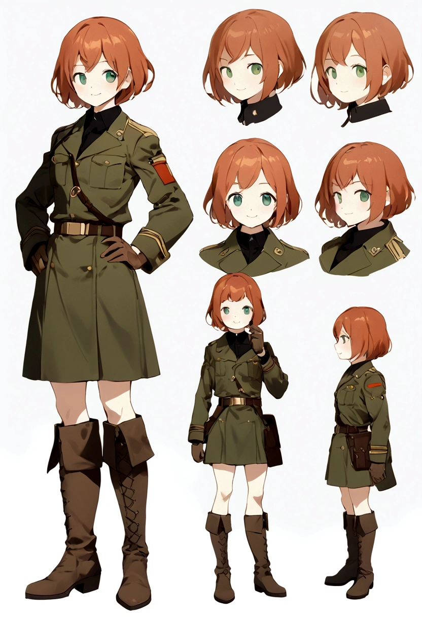 Fraction_9, Fraction_8_up, Fraction_7_up,BREAK Concept Art,1 Girl, Gloves, boots, short hair, uniform, knee boots, Green Eyes, brown hair, belt, multiple views, Red hair, Smile, Reference table, Gray background, army uniform, army, coat, Hands on Hips, Simple background