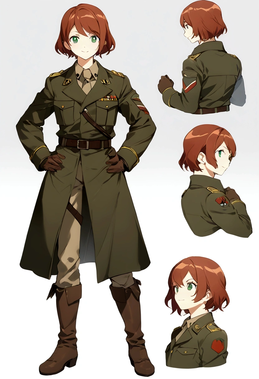 Fraction_9, Fraction_8_up, Fraction_7_up,BREAK Concept Art,1 Girl, Gloves, boots, short hair, uniform, knee boots, Green Eyes, brown hair, belt, multiple views, Red hair, Smile, Reference table, Gray background, army uniform, army, coat, Hands on Hips, Simple background