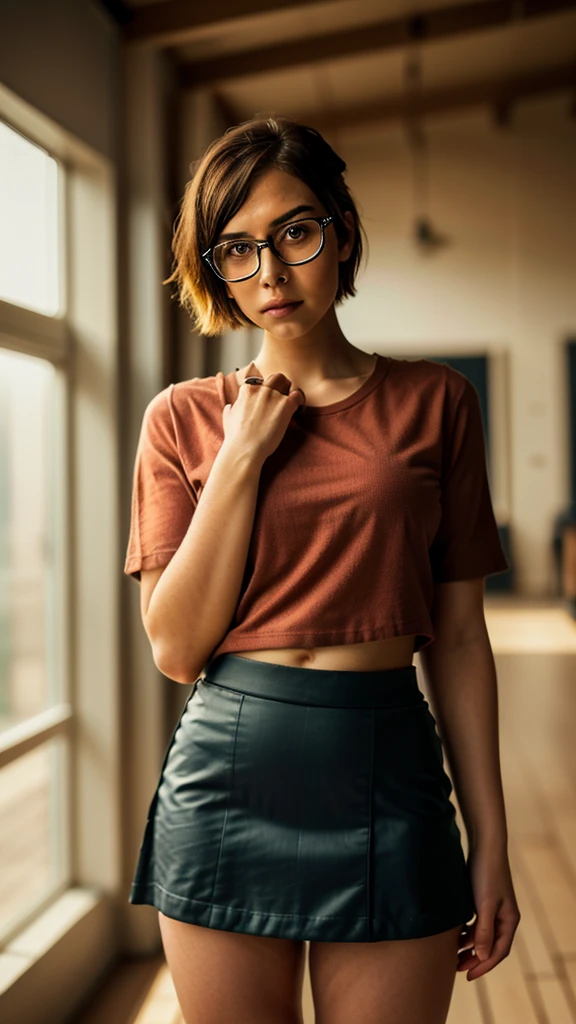 A short-haired girl, red shirt, black skirt, detailed face, beautiful eyes, mature and serious expression, alone, indoor setting, natural lighting, photorealistic, 8k, high quality, detailed skin, detailed clothing, realistic, intricate details, sharp focus, warm color tones, soft shadows, elegant composition, glasses.
