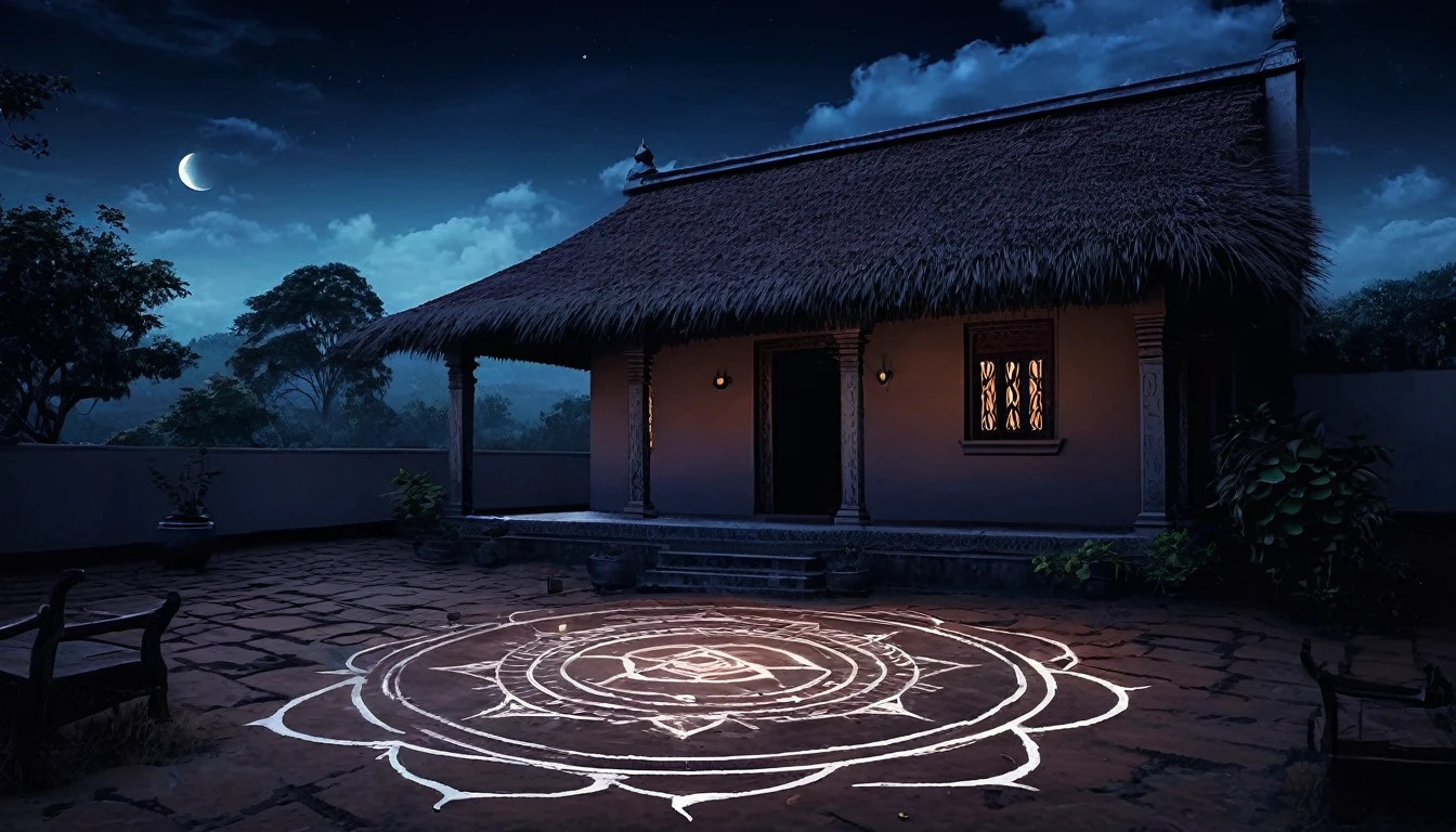Create a digital artwork depicting strange satanic symbols and signs of rituals outside a rural Indian house. The scene should be unsettling and mysterious, with eerie symbols drawn in chalk or painted on the ground around the house. The house itself should have traditional Indian architectural elements, such as clay walls and a thatched roof. Include details like flickering lanterns, shadows cast by trees, and a moonlit sky to enhance the occult and foreboding atmosphere of the scene