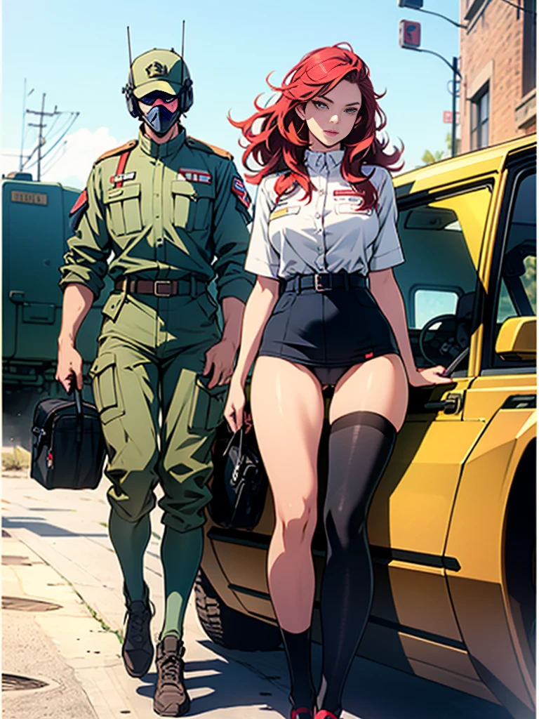 1woman 20 years old, military, beautiful, perfect body, realistic, red hair, perfect body, thin waist, , large breasts, slim thighs, desert background, armored vehicle, flying fighters, military robot dog, camouflaged uniform, wealth of details, tight panties, marking on the front, slender knees, highly detailed, high resolution, prefect hands, slender thighs, show knees, thigh gap, alert eyes