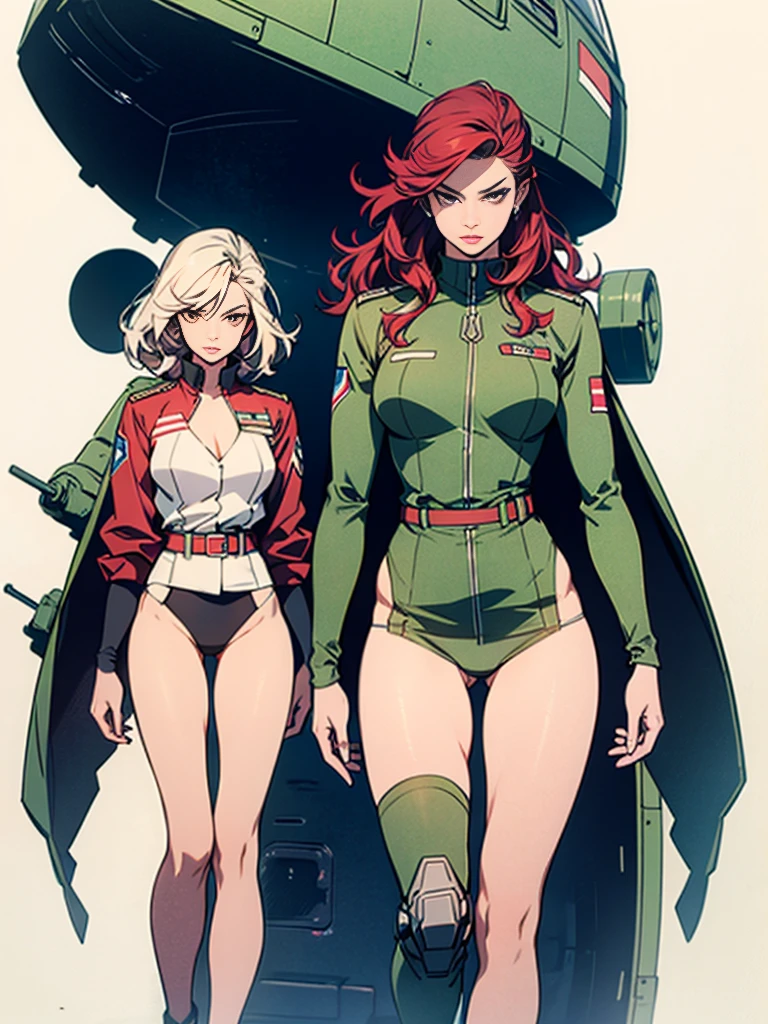 1woman 20 years old, military, beautiful, perfect body, realistic, red hair, perfect body, thin waist, , large breasts, slim thighs, desert background, armored vehicle, flying fighters, military robot dog, camouflaged uniform, wealth of details, tight panties, marking on the front, slender knees, highly detailed, high resolution, prefect hands, slender thighs, show knees, thigh gap, alert eyes
