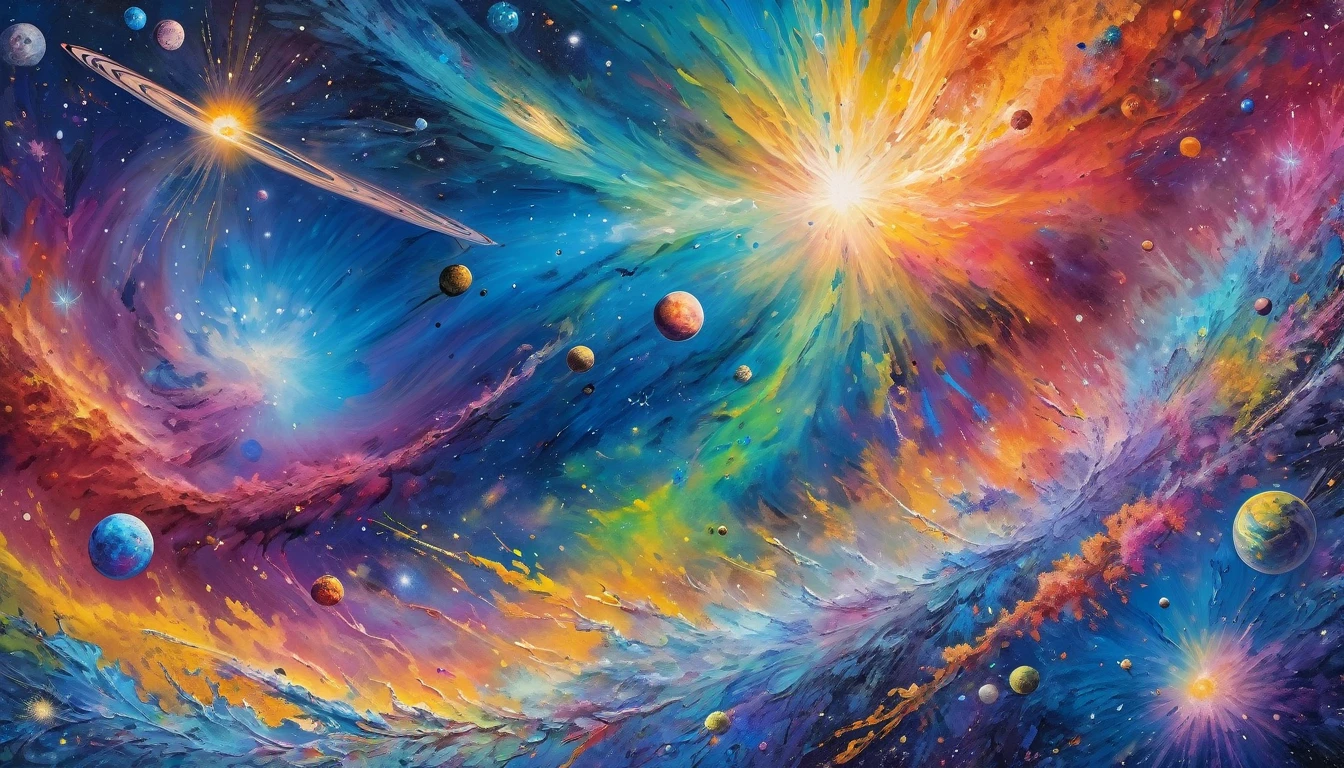Vibrant, hyper-textured acrylic painting of a space painting bursting with intensely bright vivid colored galaxies and nebulae in a vertical composition, ultra impasto brushstrokes, Monet-inspired, dreamy ambiance, planetary abundance, intricate details