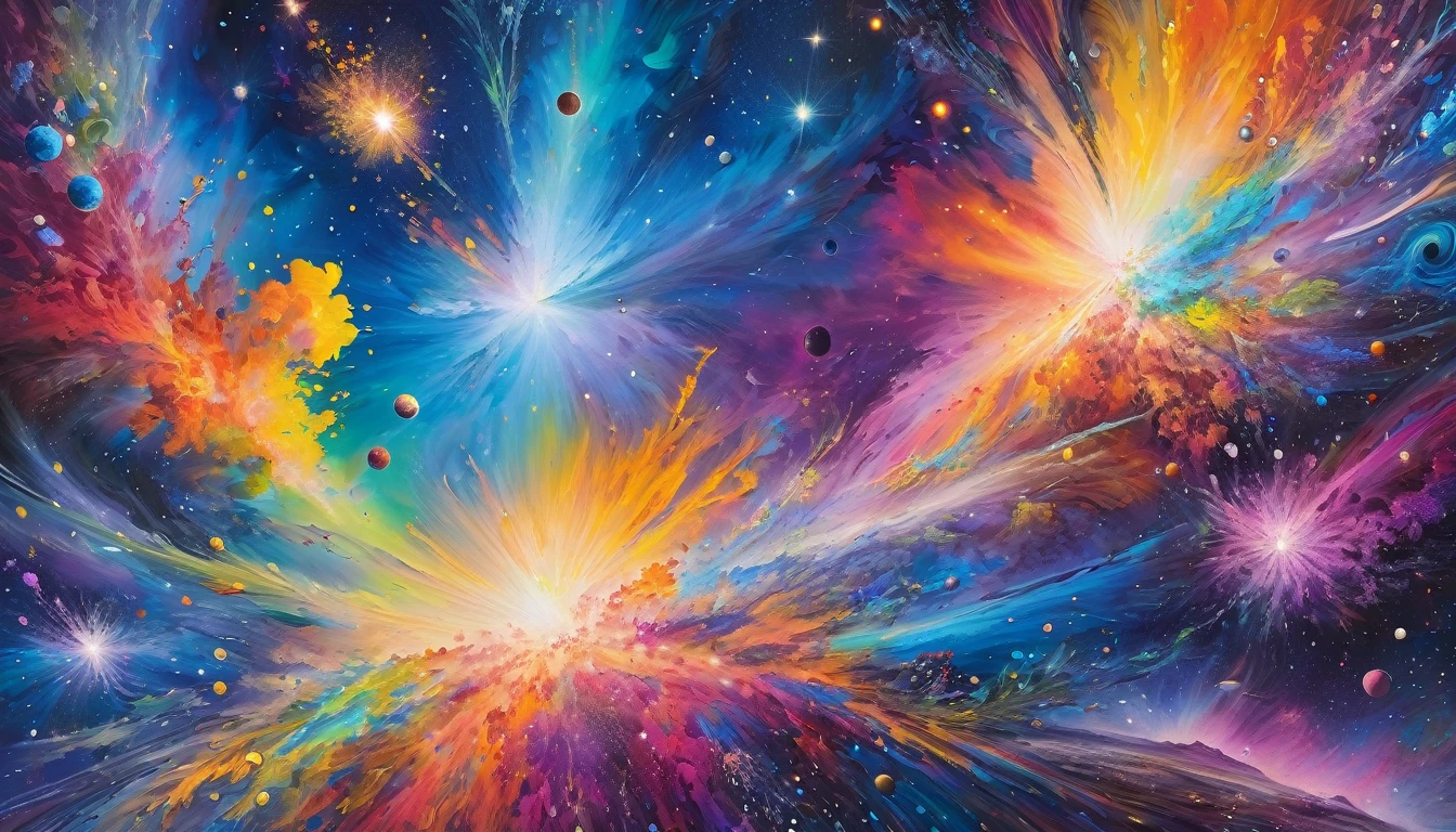 Vibrant, hyper-textured acrylic painting of a space painting bursting with intensely bright vivid colored galaxies and nebulae in a vertical composition, ultra impasto brushstrokes, Monet-inspired, dreamy ambiance, planetary abundance, intricate details