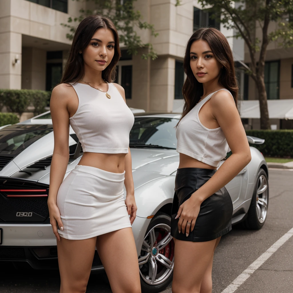 1girl in, 30 years old, Square face, Long hair, Looking at the viewer, jewelry, Realistic, Sexy, sexy short skirt outfit, standing next to a supercar, posing freely