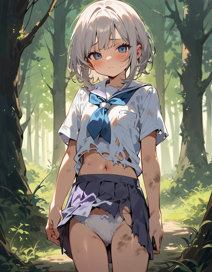 beautiful detailed girl,(masterpiece,best quality,extremely detailed:1.2),((cowboy shot:1.1)),(solo,,kawaii,slender,small breasts:1.25),(pained look:0.8),((white underwear) in ((Torn school uniform)):2),(dirty:2),blush,shy,weep,standing,(deep forest:1.5),(hug:0.4),rating: general, newest,Sexy face,(primitive:1.1)