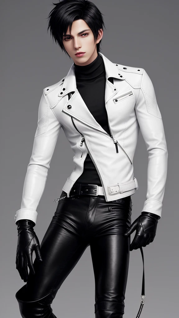 Final fantasy taste and reality graphics, Japanese young cute and cool ikemen boy, his age is early 20s, thin eyebrows and beady eyes, he wearing off white color leather thick singlebrest biker jacket, with epaulet, jacket zipped up, jacket is biker style, , jacket collar is high length stand-up collar with belts, jacket is a little black line pattern, also wearing black thick turtleneck lackluster shirts, tight black leather pants, shiny black leather tight and thin glove, black leather knee-high raceup boots,views head-to-toe,views whole body, boy looks like fashion model,Do not show skin from the neck down,leather jacket leather glove and leather pants have few wrinkles,boy in the room,