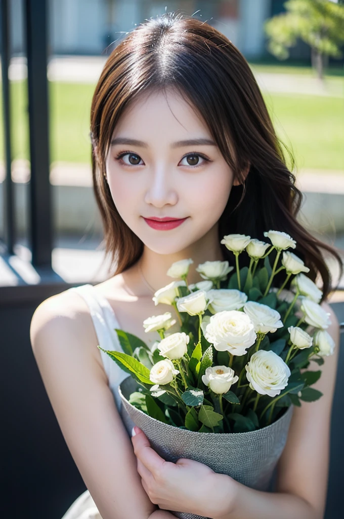 (8k, RAW Photos, highest quality、masterpiece:1.2), (Realistic、Realistic:1.37), Very detailed, High resolution, 1 girl, Laughter, View your viewers, dress, Beautifully detailed face、(Holding a bouquet:1.3),Beautiful and detailed skin、Skin Texture、Floating Hair、Professional Lighting, noon