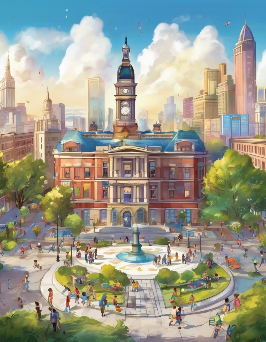 The city in the book, contains a city hall, parks, schools, people doing activities, beautiful skies