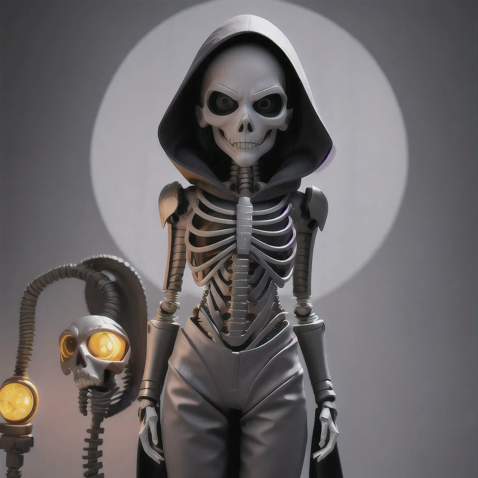 a close up of a person in a hoodedie standing in front of a clock, techwear occultist, dystopian sci-fi character, epic scifi character art, dark cyberpunk illustration, dark high-contrast concept art, dark futuristic, symmetric concept art, dark hooded wraith, skeleton with flower in hair standing against grey background, anatomically correct skeleton, skeleton girl, skeleton, skelleton, skeletal, half woman half skeleton, anatomically accurate skeleton, thin skeleton, skull bones flowers, fleshy skeletal, titanium skeleton, cute skeleton, fleshy skeletal body, flowers grow from the body, human skeleton, female death, highly detailed skeleton，epic sci - fi character art, epic sci-fi character art