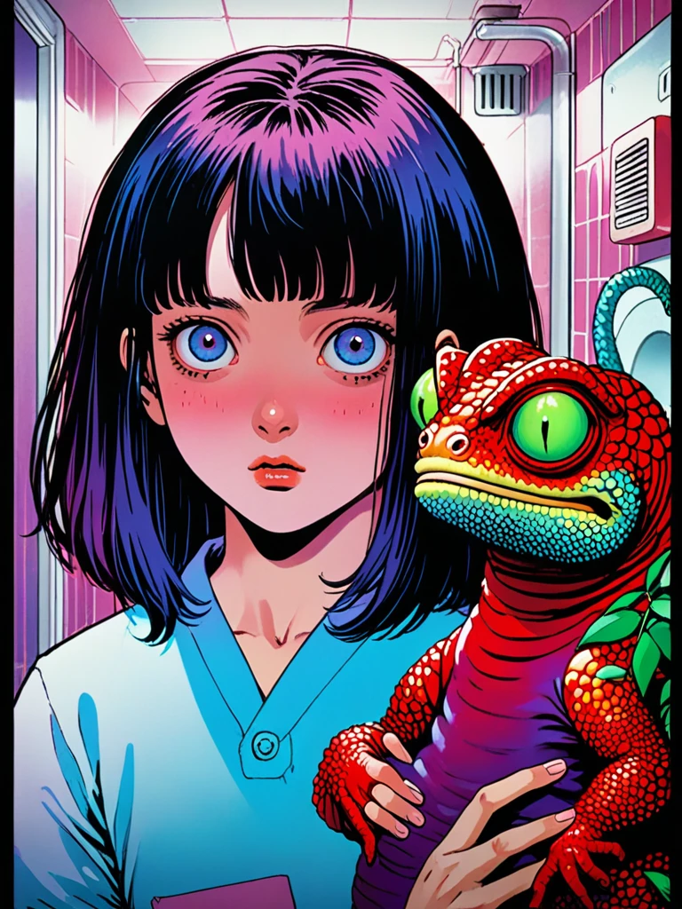 illust、art、from 80s horror movie, directed by Junji Ito、Dim bathroom、Girl holding giant chameleon fetus、Overaction、Overreaction、Acting frightened、high detail, realsitic shadow、Analog style, vhs style, 8mm film, chromatic aberration, Dvd screengrab、Blue-purple and red-purple gradation、looking at the camera