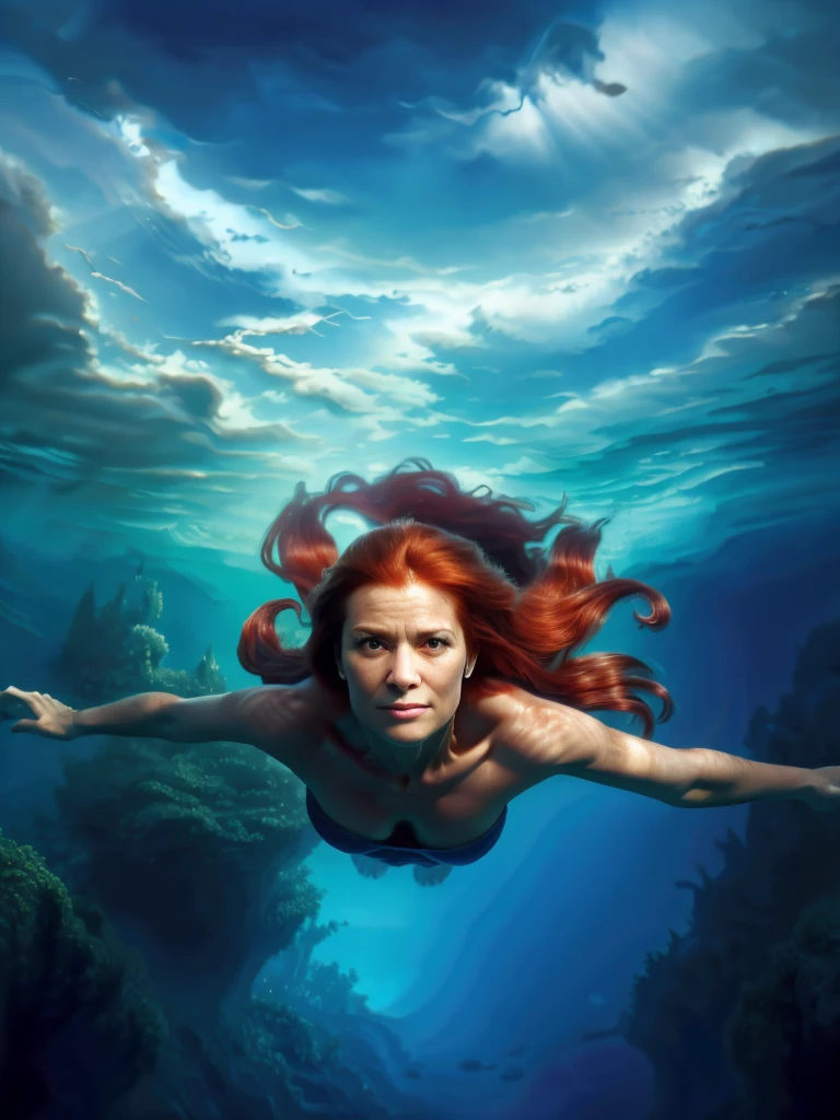 underwaterstyle, partially submerged 56yo woman, long red hair floating in the water, ((best quality)), ((masterpiece)), (detailed), soft colors, (detailed cloudscape:1.3), (high-resolution:1.2), movie rated, high quality, circling, delicate wings, castle, breathing fire, magic, view from the abyss, The perspective is from below. The lighting is dark, gloomy, and realistic, creating a tense and ominous atmosphere.