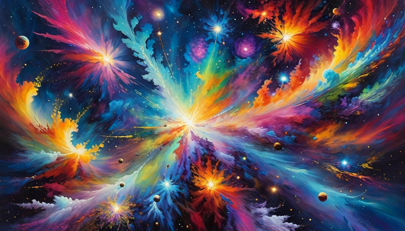 Vibrant, hyper-textured acrylic painting of a space painting bursting with intensely bright vivid colored galaxies and nebulae in a vertical composition, ultra impasto brushstrokes, Monet-inspired, dreamy ambiance, planetary abundance, intricate details