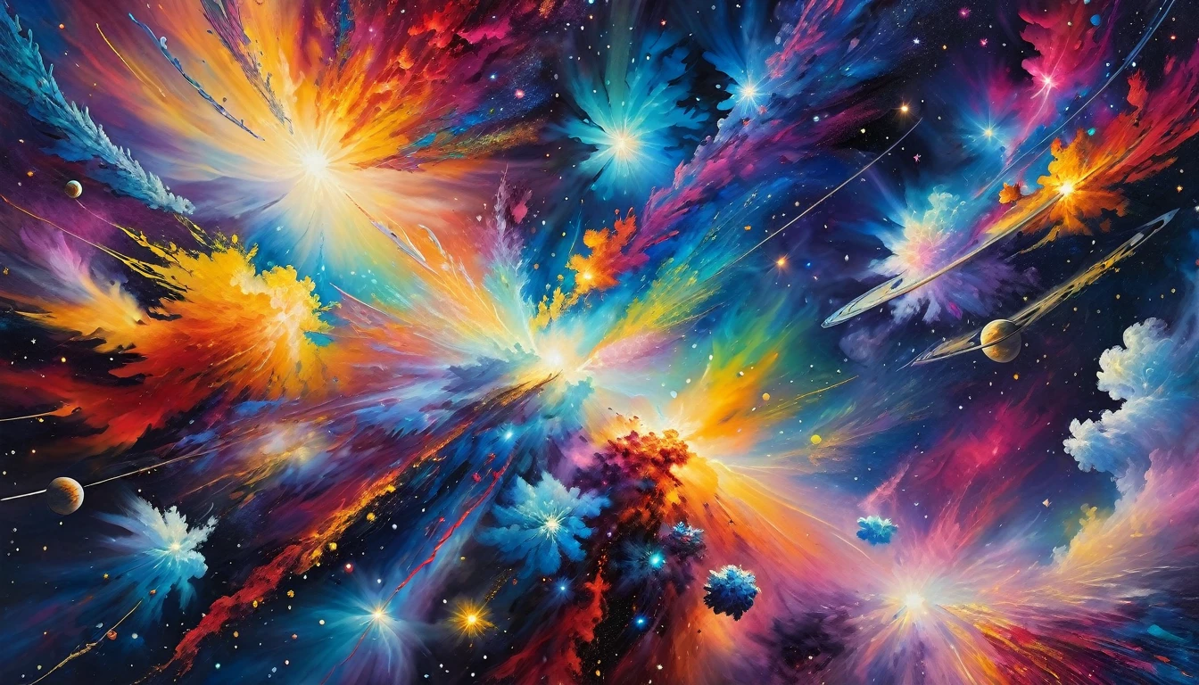 Vibrant, hyper-textured acrylic painting of a space painting bursting with intensely bright vivid colored galaxies and nebulae in a vertical composition, ultra impasto brushstrokes, Monet-inspired, dreamy ambiance, planetary abundance, intricate details
