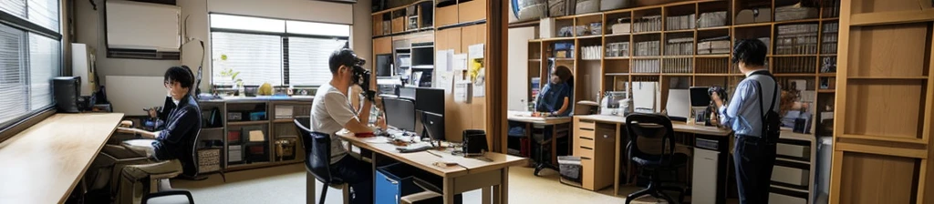 ・There are a large number of cameras and lenses lined up on the shelves. ・At a workbench in the back of the office, a Japanese woman and man are taking photos with cameras and lenses.