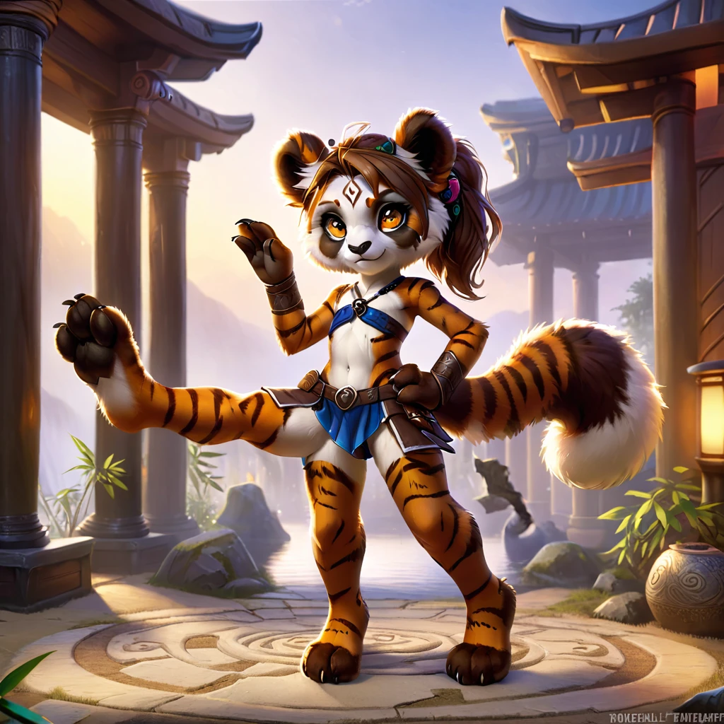 (4fingers), small_round_ears, small_panda_ears, pandaren, world_of_warcraft, furry, anthropomorphic, fluffy_tail, foxtail, cfemale, claws, red_panda, tiger_stripes, tiger_face, flat_chested, , teenager, amber_eyes, (pupils), (tiger_legs), black_left_foot, white_right_foot, (four_fingers), waist_long_ponytail, brown_hair, ((three_toes)), ((3toes)), ((detailed_eyes)), ((detailed_face)), detailed_hands,