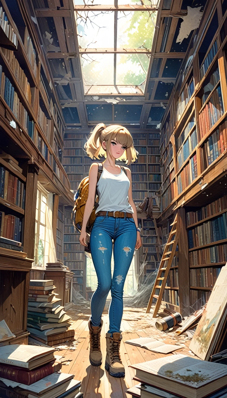 great view of an abandoned library, in it a pretty girl, explorer, exploring a large library room in an abandoned house, jeans and tank top, hiking boots, all old and full of dust and cobwebs, 80s, large library , lots of details (art inspired by Bill Sienkiewicz,). oil painting)
