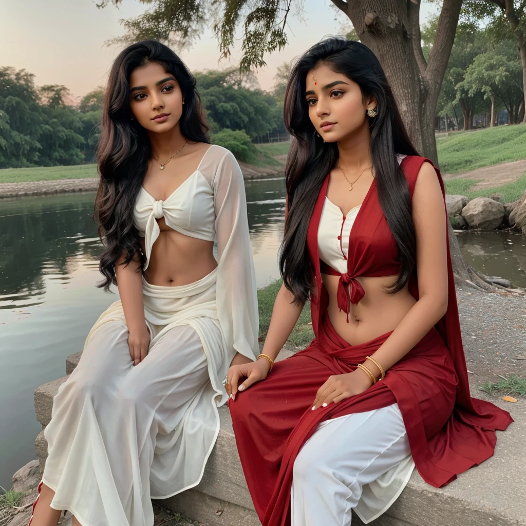 In evening time, Indian brown girl (single girl) age of 21 with black tied hair in red suit and white salwar with red dupatta over her chest,  sitting down tree on the bank of river meeting with simple looking boy of 21 yr