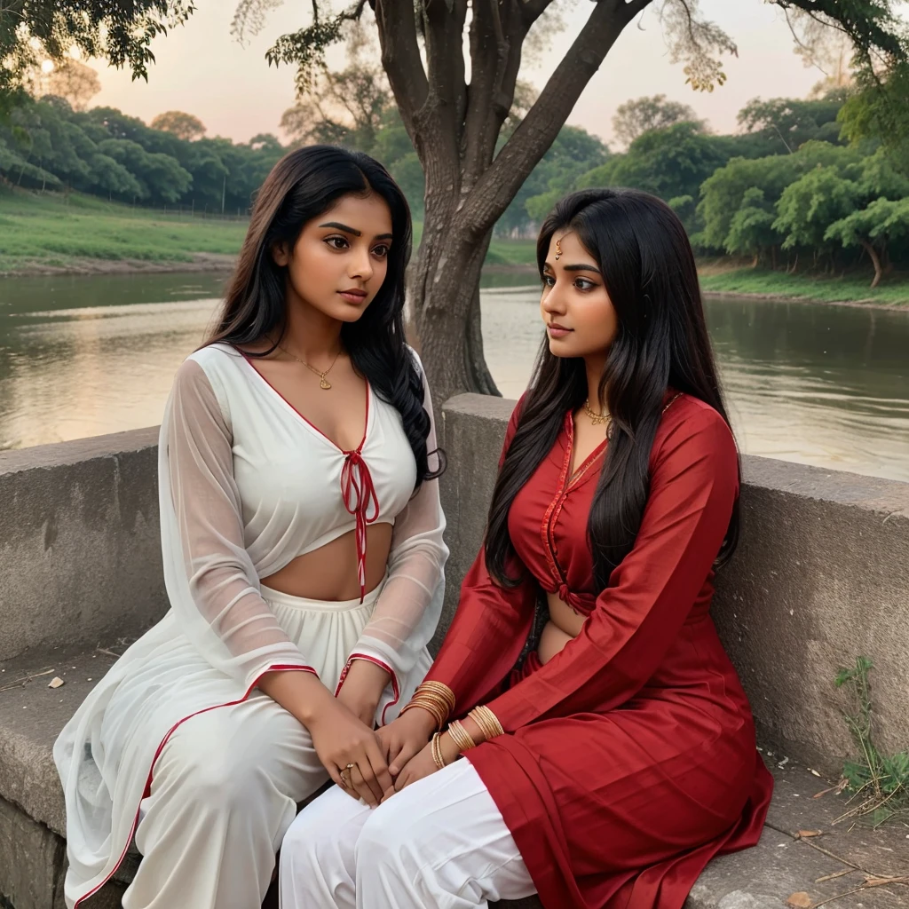 In evening time, Indian brown girl (single girl) age of 21 with black tied hair in red suit and white salwar with red dupatta over her chest,  sitting down tree on the bank of river meeting with simple looking boy of 21 yr