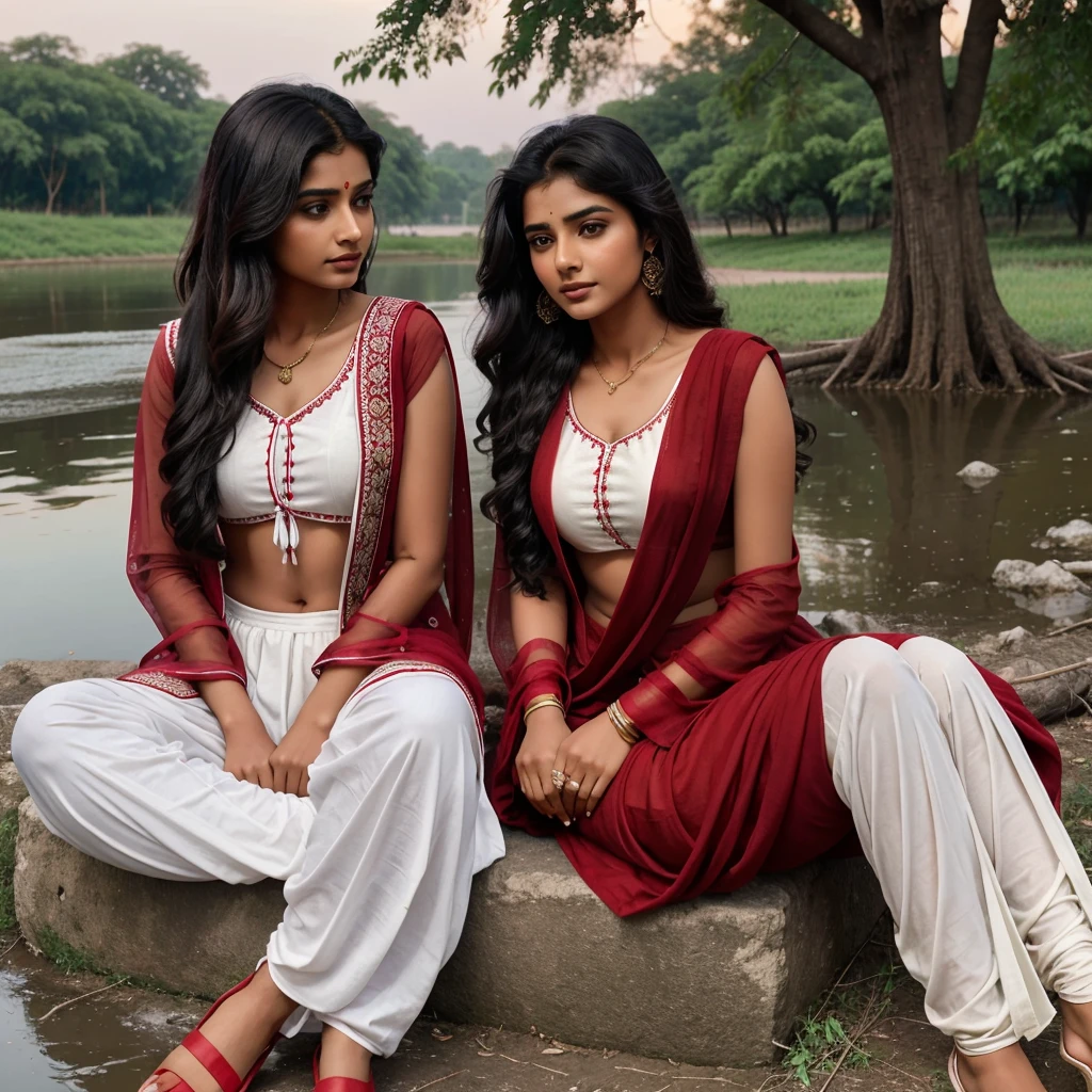 In evening time, Indian brown girl (single girl) age of 21 with black tied hair in red suit and white salwar with red dupatta over her chest, sitting down tree on the bank of river meeting with simple looking boy of 21 yr