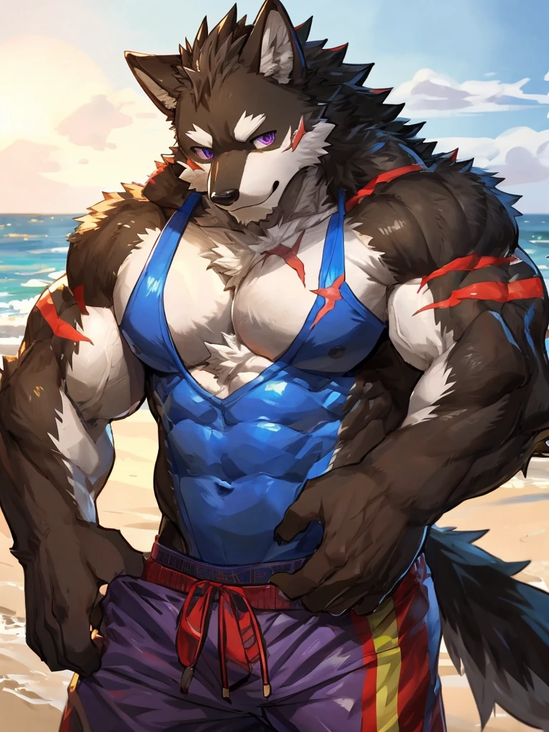 embedding:black wolf, male,purple eyes,Scar on the face, scar on the body,Single Person,A swimsuit,Beach Pants,Mature, The highest quality of scene detail,adult,Tall and powerful,muscle,Best quality hands, best quality eye,detailed fur,Delicate eyes.Extreme picture quality,by sollyz,by zixiong,by milkytiger1145