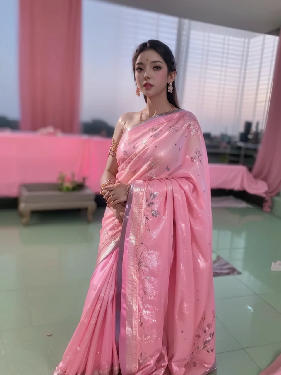 4k ultra detailed photography, ultra realistic, 1girl, beautiful detailed eyes, beautiful detailed lips, extremely detailed face and skin, glass jewelry, latex pink saree, pink blouse, perfect slim figure, wedding design long hair, wedding stage, studio lighting, masterpiece, photorealistic, ultra-fine details, vivid colors, cinematic lighting, volumetric lighting, dramatic shadows