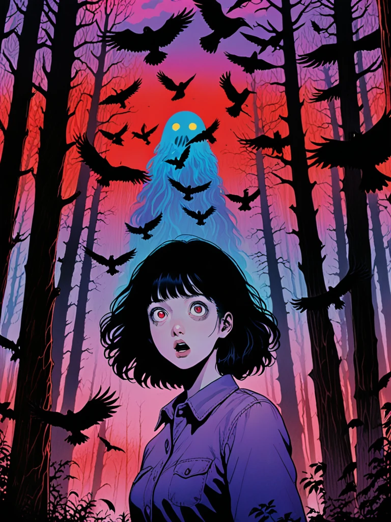 illust、art、from 80s horror movie, directed by Junji Ito、in the forest、A woman with a scared expression、Countless crows are flying into the sky, The silhouette of a giant monster towering into the sky、Overaction、Overreaction、Hanging corpse、high detail, realsitic shadow、Analog style, vhs style, 8mm film, chromatic aberration, Dvd screengrab、Blue-purple and red-purple gradation