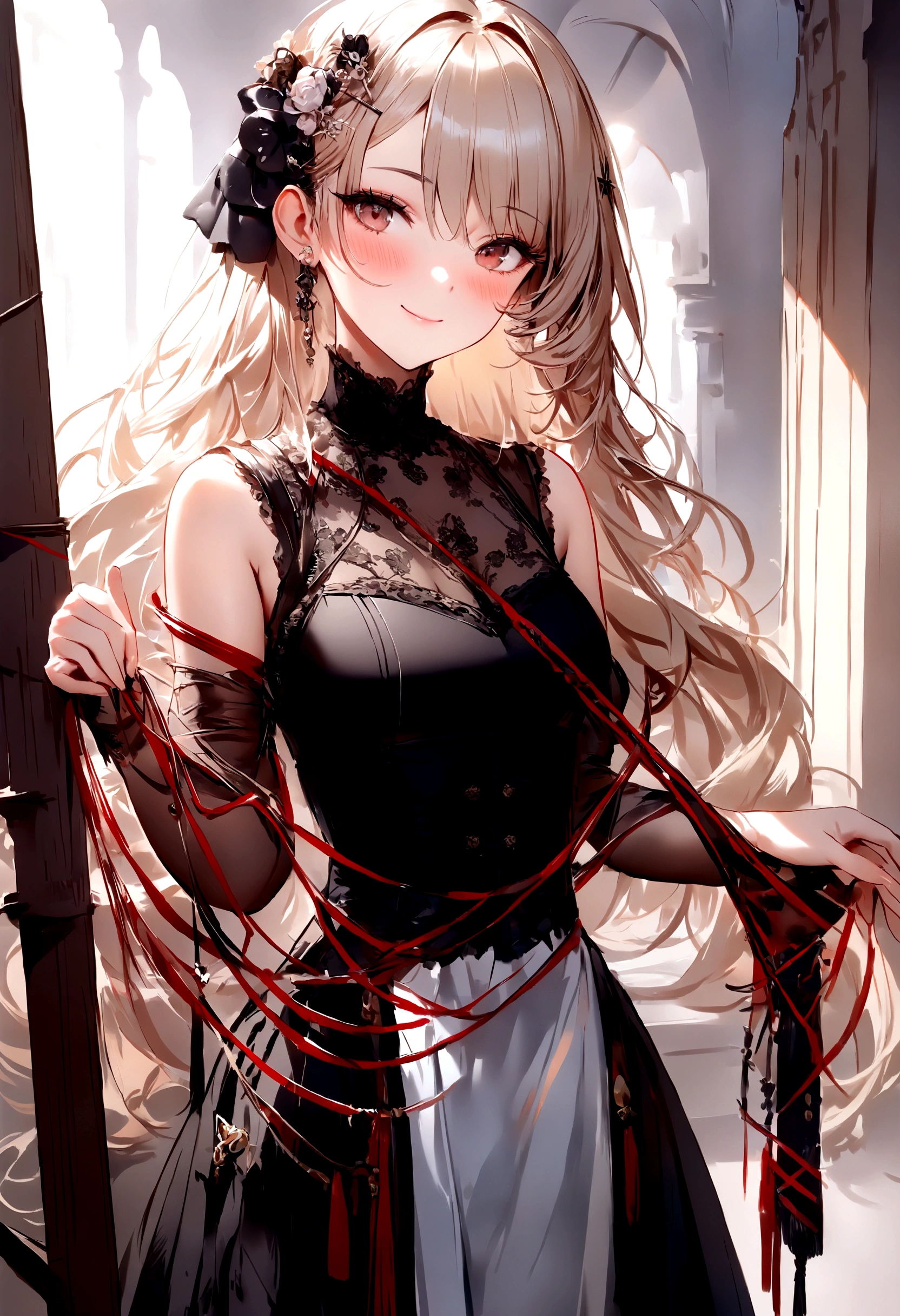 best quality,masterpiece, 1 girl, Solitary, Model photoshoot, Astonishing, Alina, (((Wear))),, Look at the users, Smile, blush, hairpin,(( Weaving)), Hair accessories, ((Hairpin)),