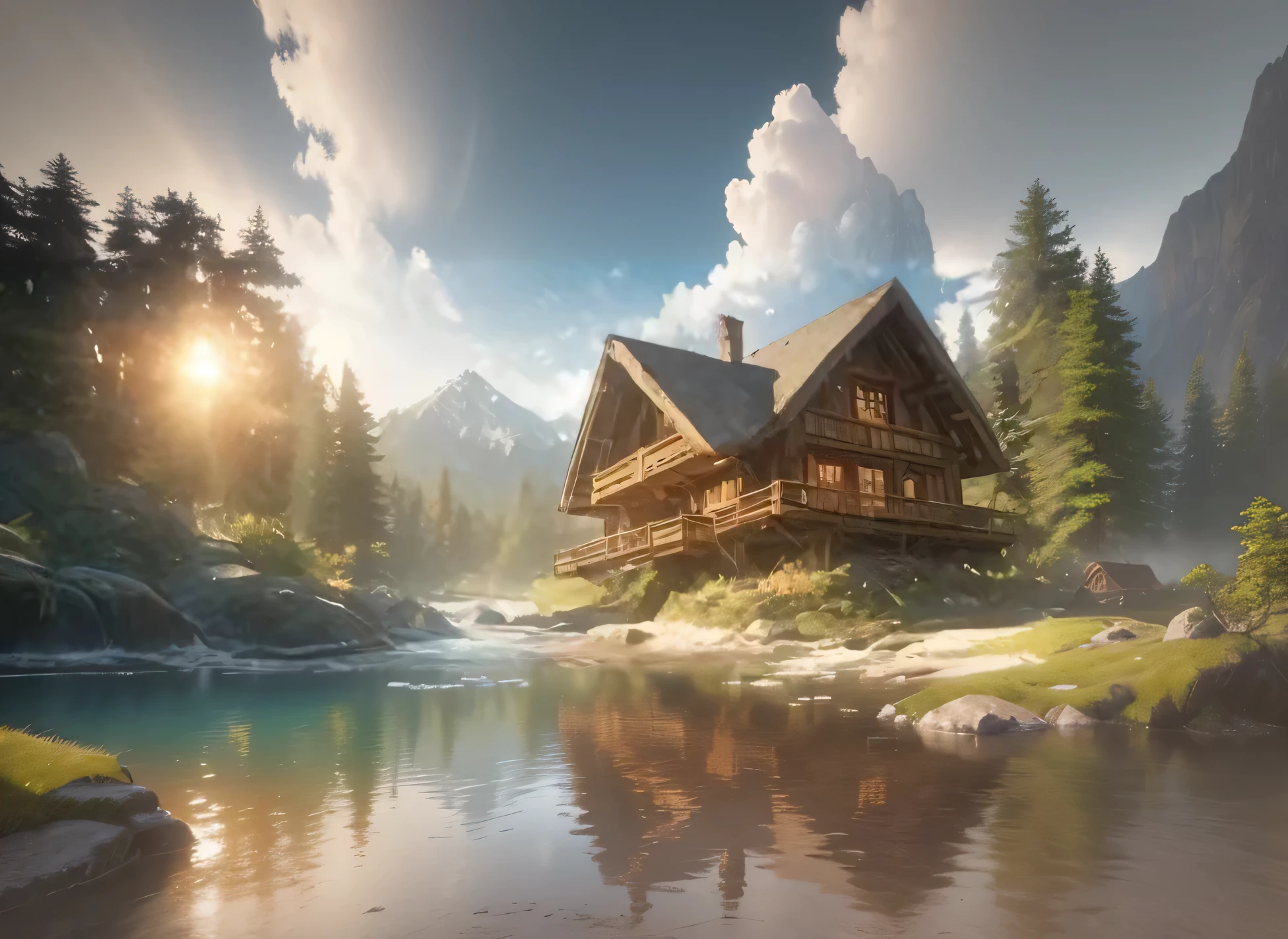 Arav hut in the mountains,There is a small stream running through it, Matte Painting in Unreal Engine, Stunning details in Unreal Engine 6, author:Franz Hagy, 4k concept art and surrealism, Unreal Engine fantasy art, Unreal Engine rendered concept art, Epic matte painting technology, Relaxation concept art, Summer Unreal Engine 5, Unreal Engine 4K Wallpaper, 4k HD matte digital