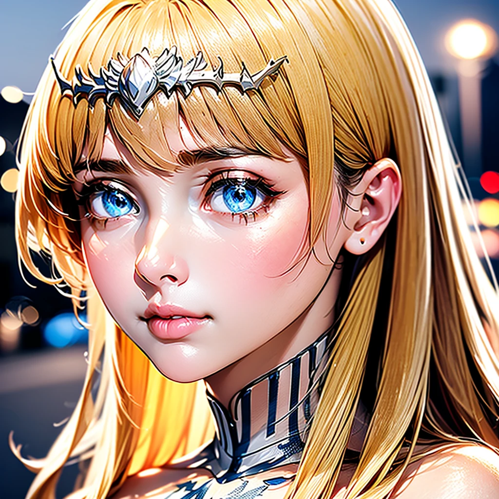 highest quality、High resolution、Detailed Background、(Beautiful face in every detail:1.4)、Anatomically correct、(Detailed facial expressions)、(fine grain:1.2)、、(Highly detailed face:1.4) well-groomed eyebrows,eye make up、Lip Makeup、Night view of the port city、Calm atmosphere、(Fits on one screen),  1girl, solo, Calca, Calca Bessarez, blonde hair, (extremely long hair:1.3), very long hair, white tiara, white dress, blue eyes, medium chest, extremely long hair, medium breast,
