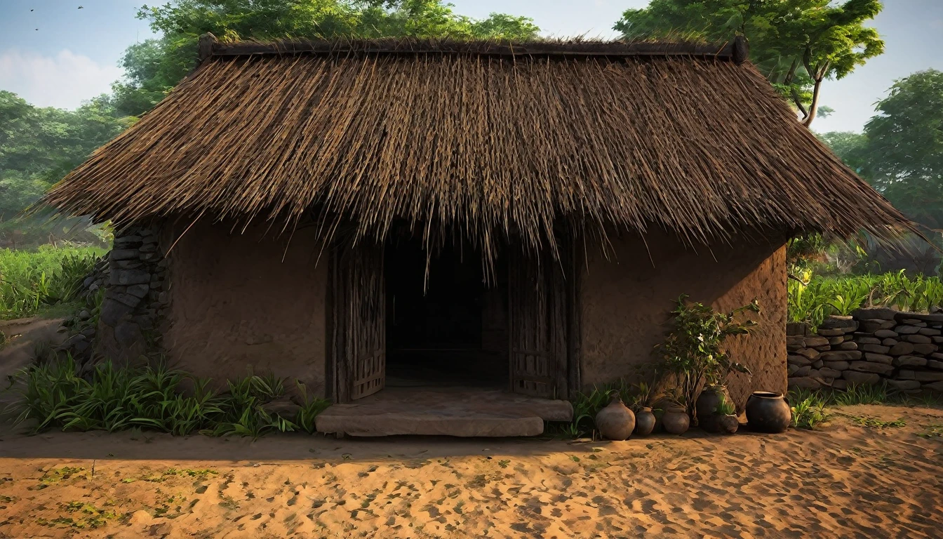 Create a digital artwork of a village house with iron nails placed around the doorway, creating an atmosphere of caution and superstition. The scene should depict a traditional Indian house with clay walls and a thatched roof, surrounded by a rustic countryside setting. Iron nails should be visibly hammered into the ground around the doorway, with shadows and subtle lighting adding to the eerie and protective atmosphere. Include elements like rural artifacts, dim lighting, and a sense of quiet unease to enhance the sense of caution and superstition in the scene."





